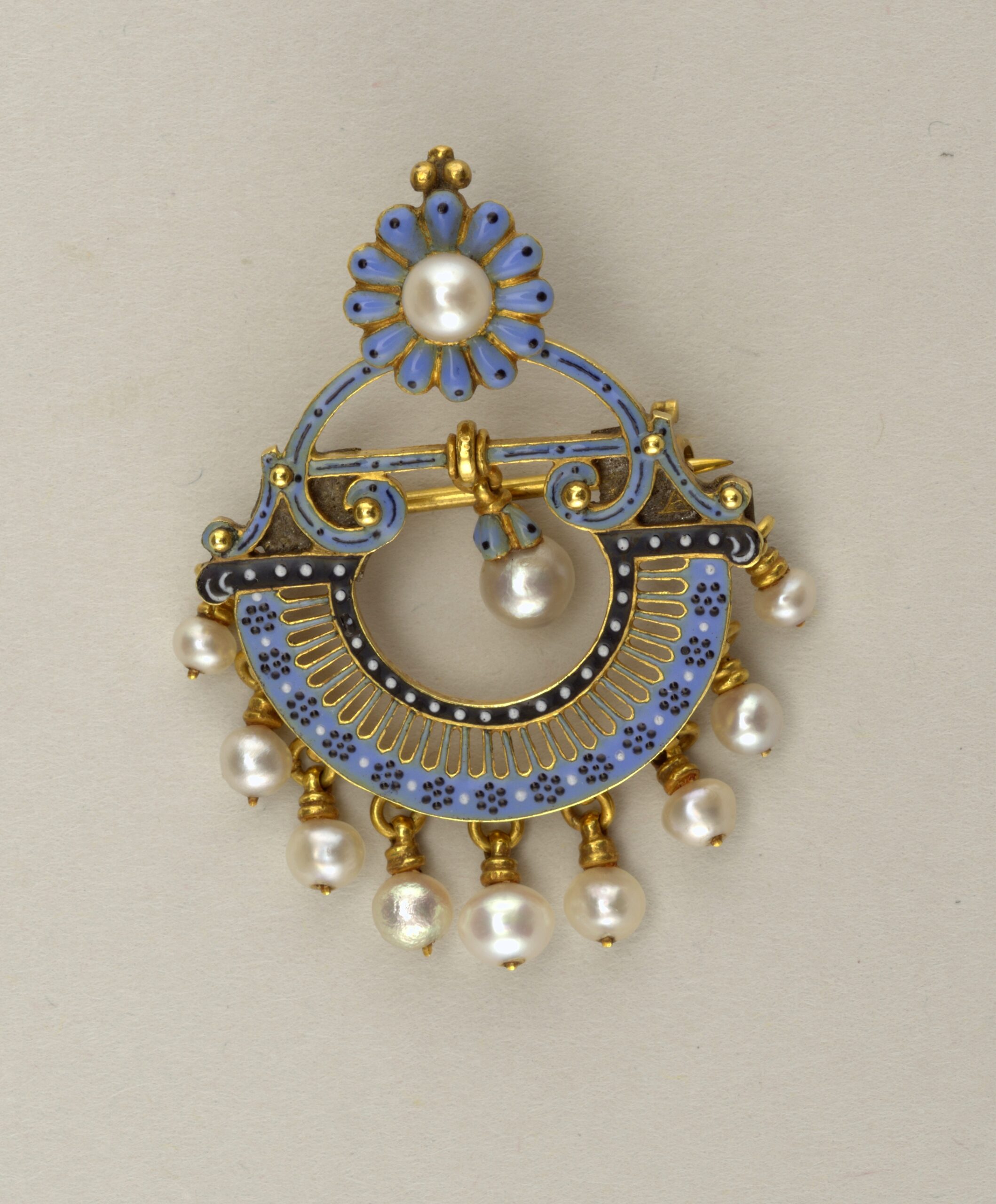 Timeless jewelry antique gold brooch with blue guilloche enamel and pearl flower details