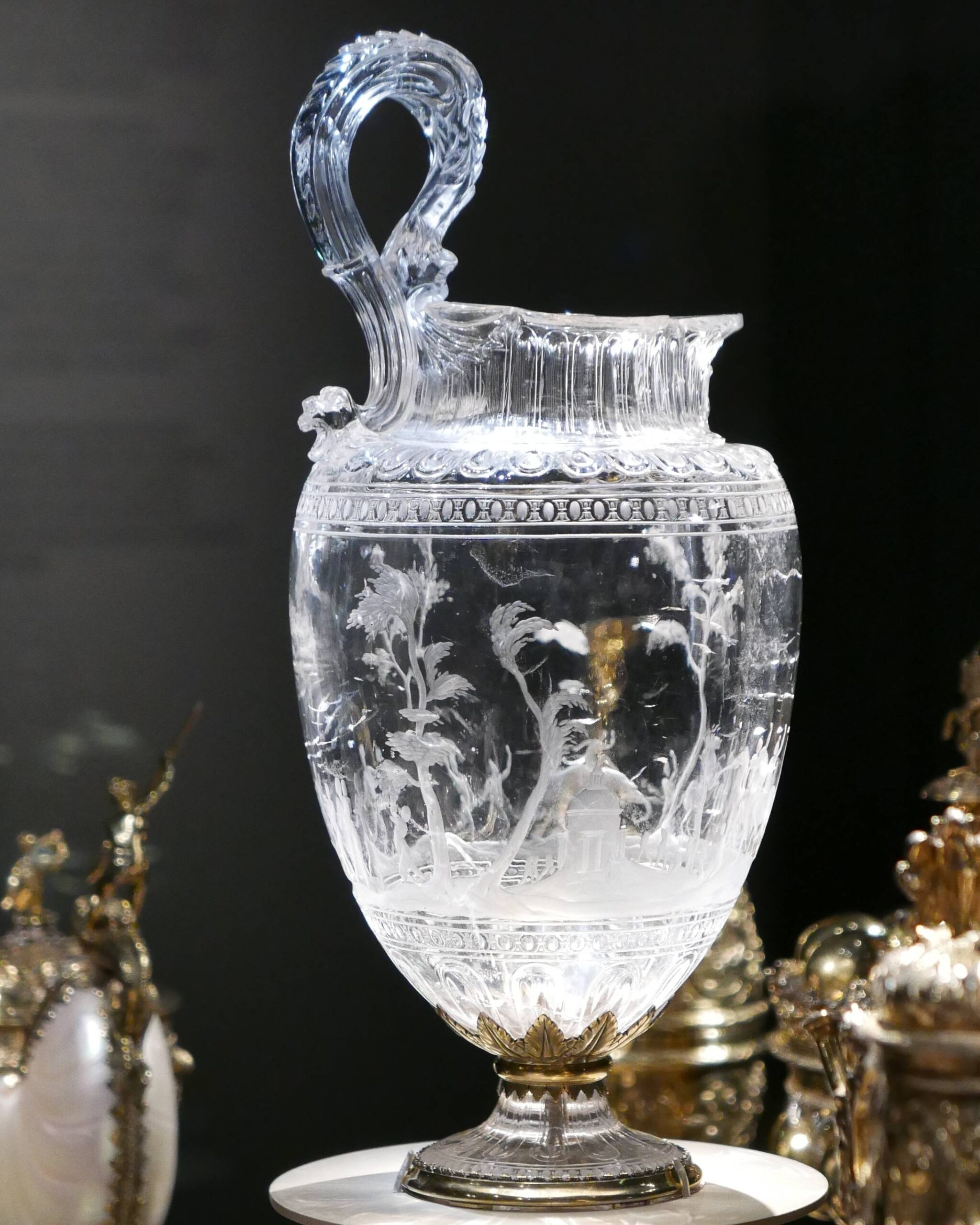 Historic rock crystal and vermeil ewer by Francesco Tortorino Milan 1550, antique carved rock crystal glasses