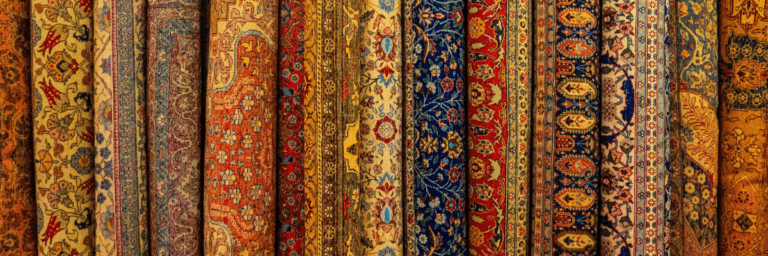 Stack of authentic hand-knotted Persian carpets showing intricate floral and geometric patterns in traditional colors at antique dealer