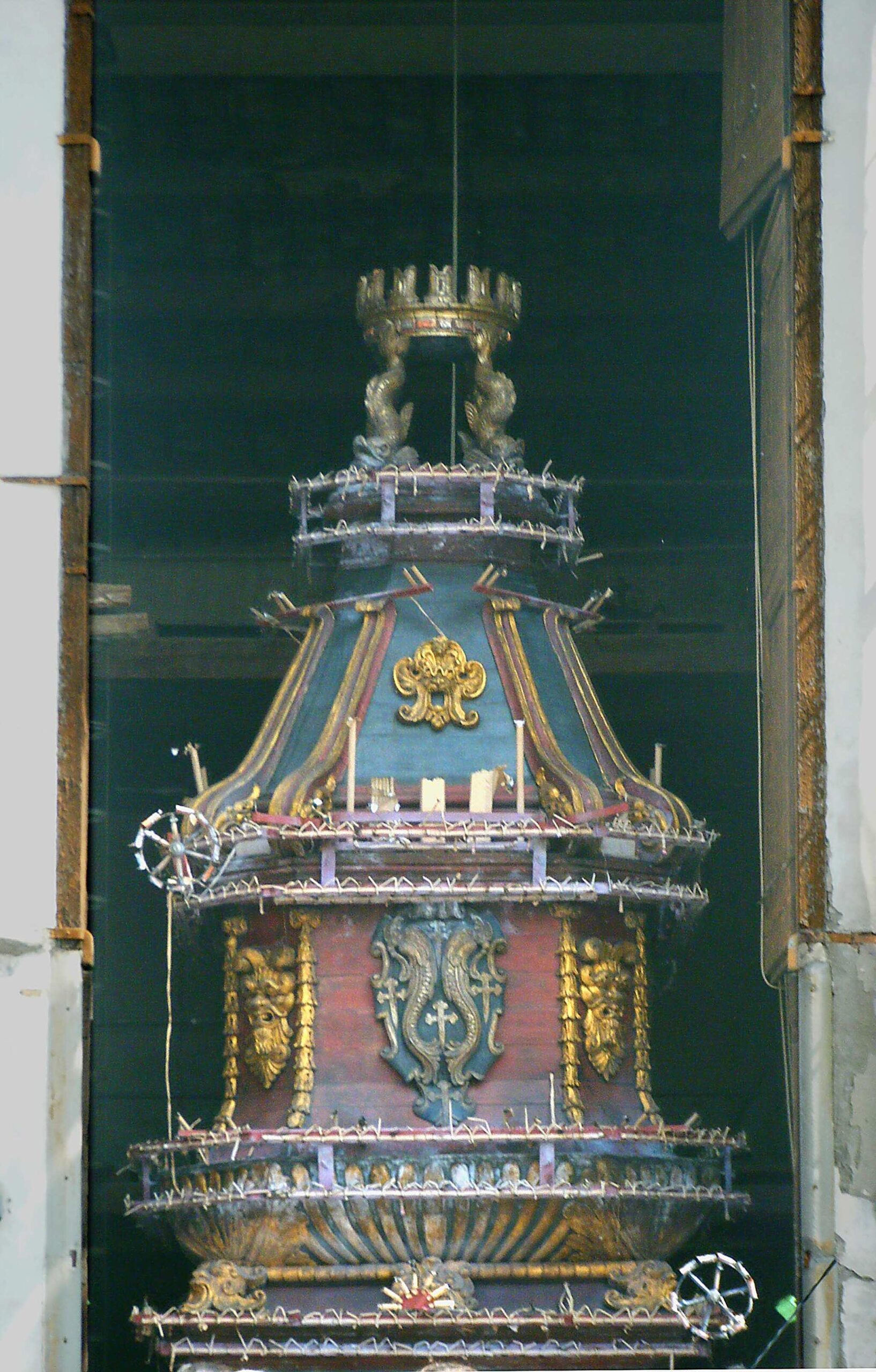The ornate Scoppio del Carro cart stored in its depot, loaded with fireworks for Florence's Easter tradition
