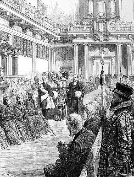Victorian engraving of the Royal Maundy ceremony 1877 at Westminster, a cherished Easter tradition