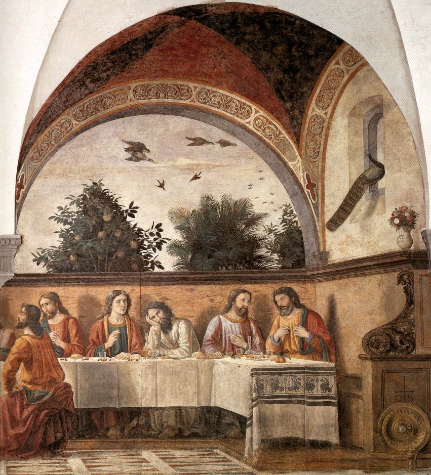 Ghirlandaio Last Supper fresco 1480, Christ and apostles at white linen table, peacock and garden beyond the arched window