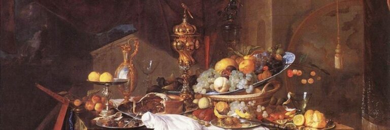 Jan Davidsz. de Heem, A Table of Desserts c. 1640, gold cups, grapes, citrus, oysters and white linen on a banquet table