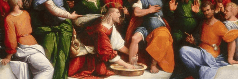 Renaissance painting of Christ washing the disciples' feet, the Maundy Thursday Easter tradition in art
