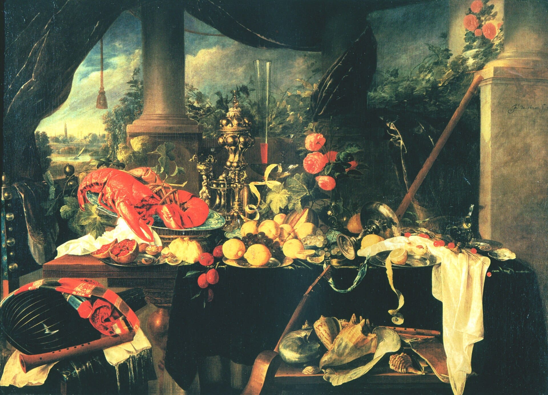 Jan Davidsz. de Heem pronk still life with lobster on Delft dish, gold nautilus cup, fruits, roses and white linen