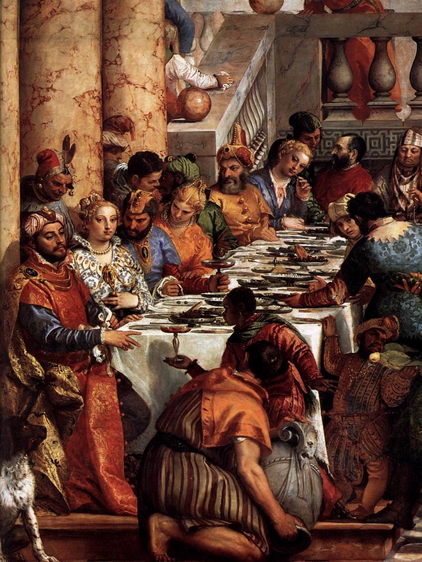 Veronese, Wedding at Cana detail 1563 Louvre, guests in Venetian dress at long banquet table with silver vessels