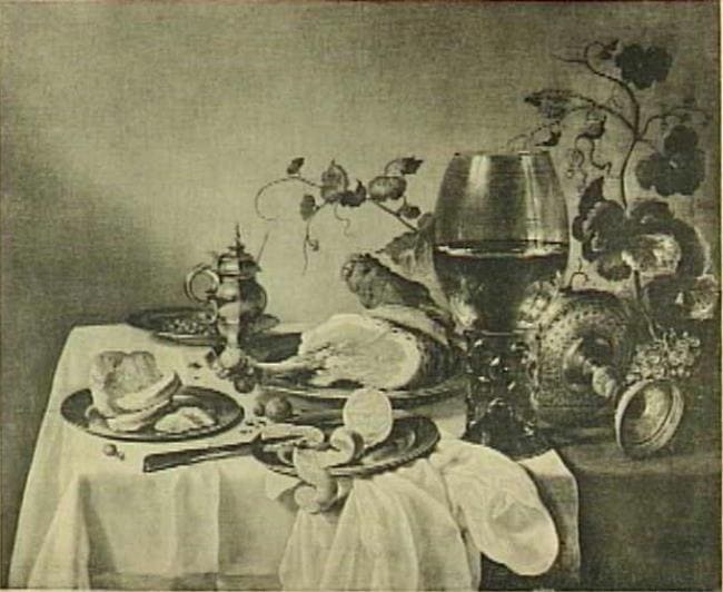 Pieter Claesz 1640, monochrome breakfast still life with roemer wine glass, ham, tazza, bread and pewter on white linen